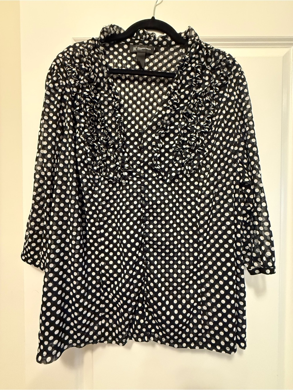 INC International Concepts Black Blouse with White Polka Dots and Ruffled V-Neck
